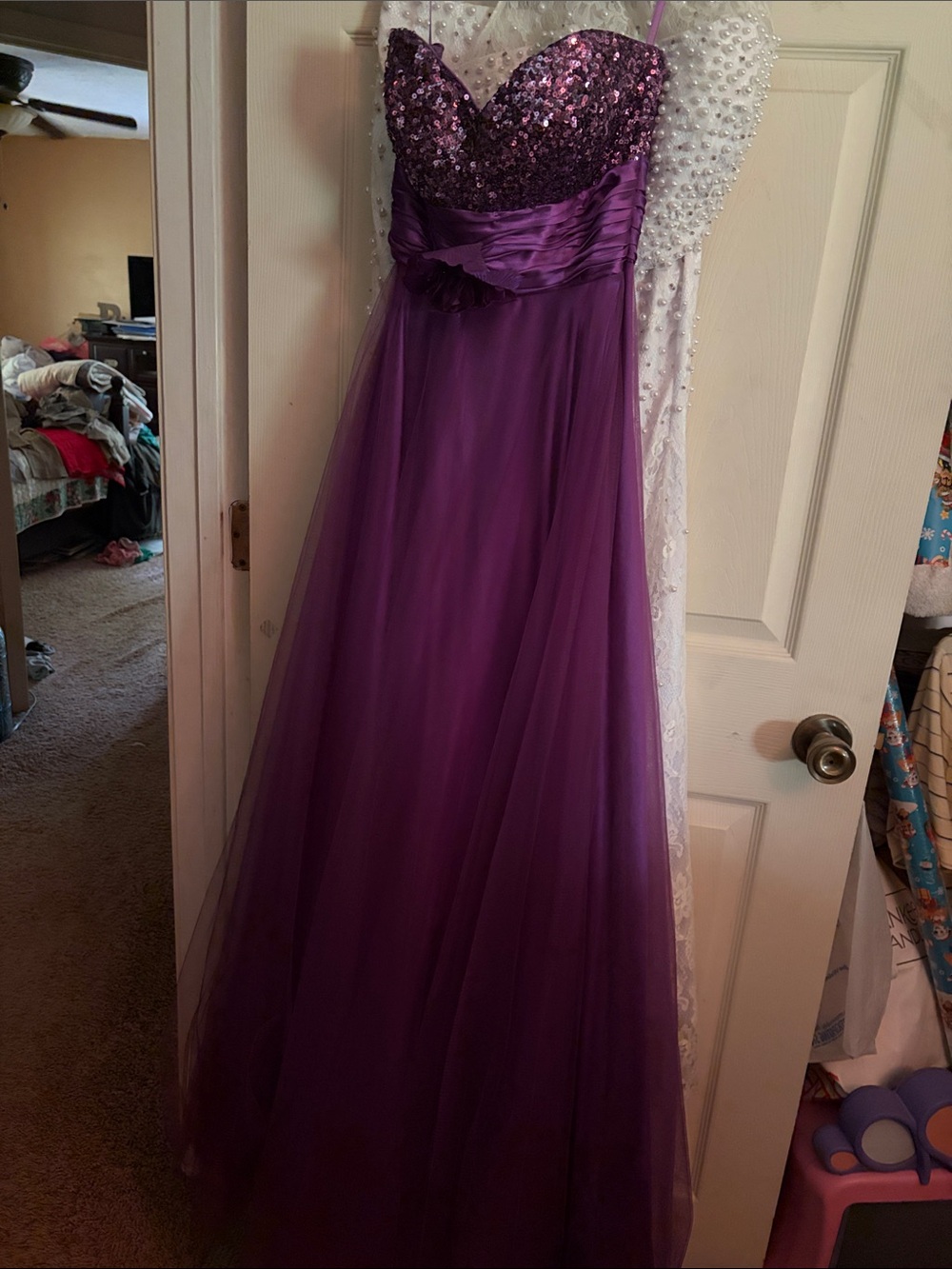 Purple Sequin Strapless Prom Dress